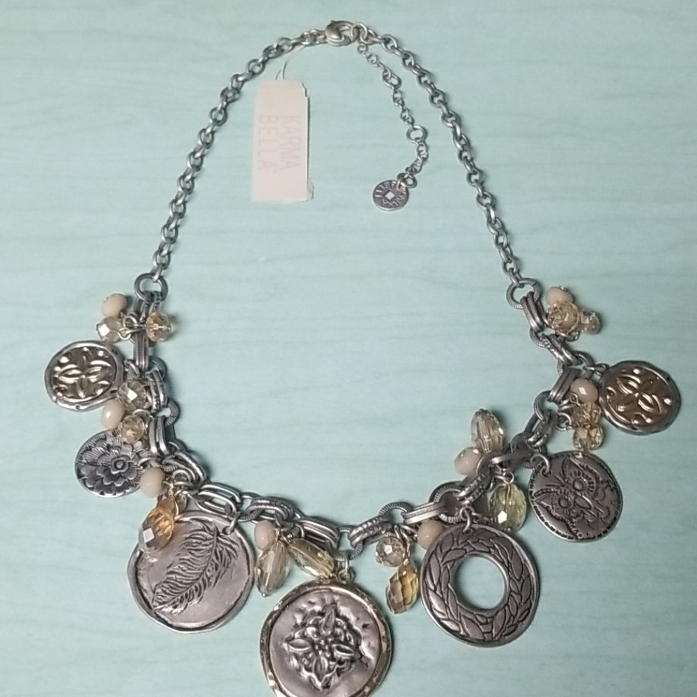 KARMA BELLA STUNNING SILVERTONE & GLASS COIN, DISK, AND BEAD CHARMS NECKLACE 3